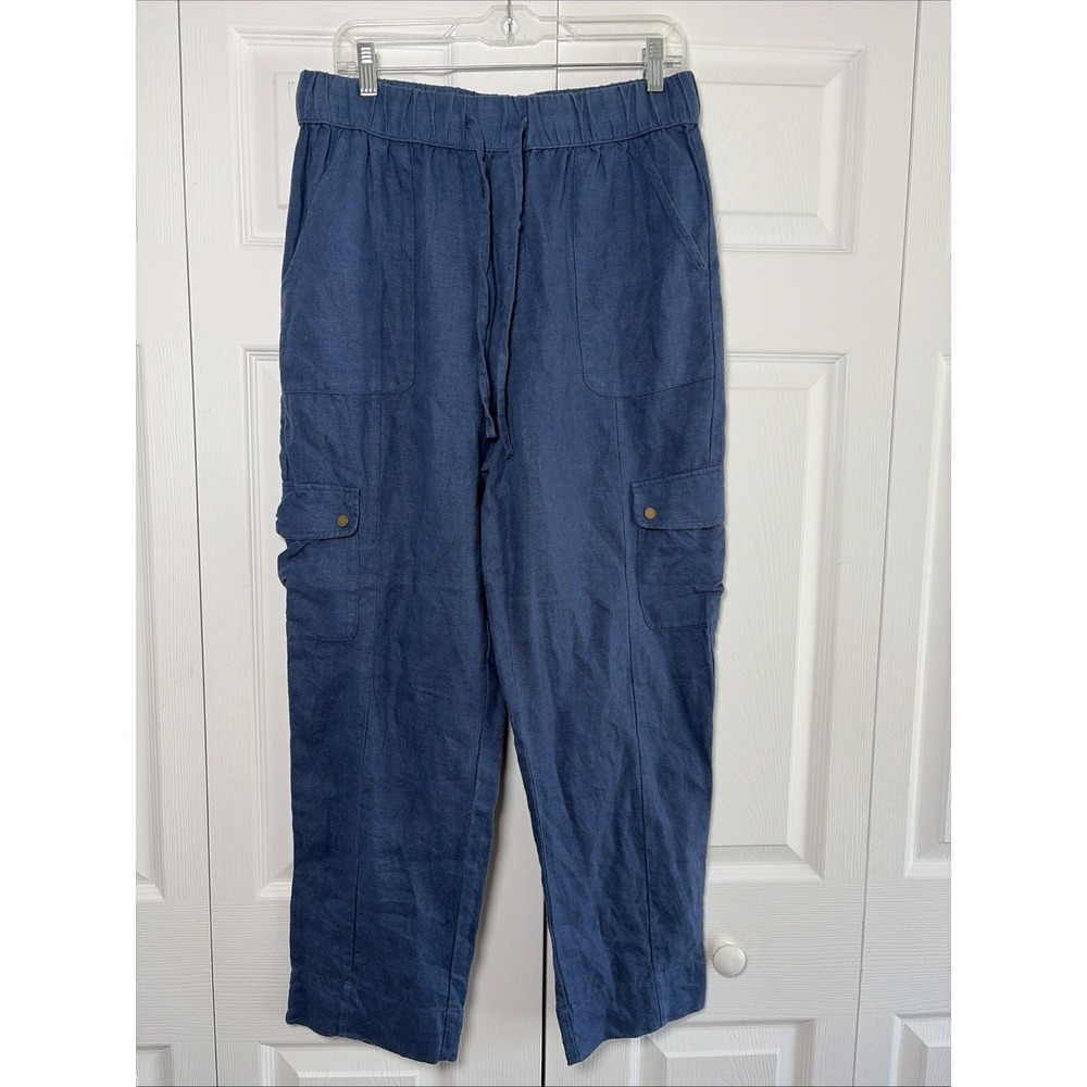 C&C California Cargo Linen Pants Womens Size L Blue Utility Relaxed 100% Linen